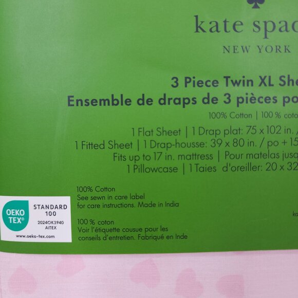 Kate Spade New York 3 Piece Twin XL Sheet Set Pink Hearts 100% Cotton - Picture 6 of 11